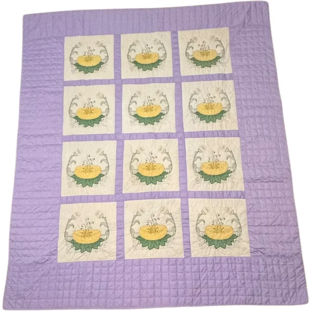 Handmade Floral Patchwork Quilt Lavender & Yellow 1970s Full/Queen 78x93